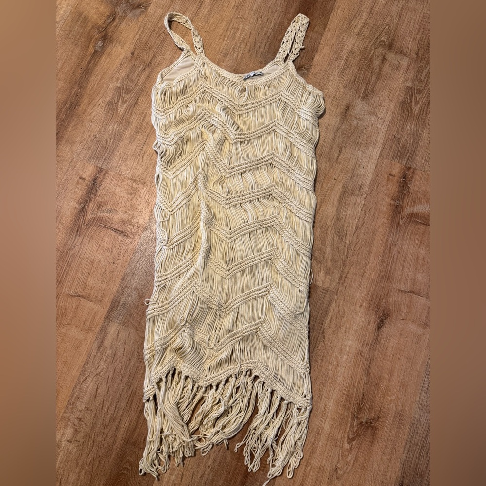 RARE ZARA Boho Chevron Fringe Macrame Mini Dress Cream Medium AS IS (PLEASE READ